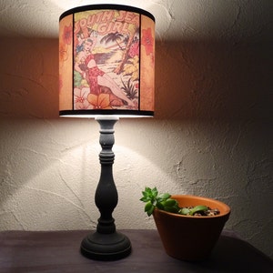 Hawaiian Pinup tiki Lamp Shade Lampshade pin up lighting, comic book, rockabilly, psychobilly, pin up decor, tropical decor, orange lamp image 3