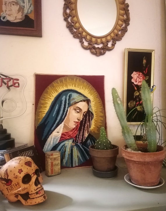Vintage Virgin Mary Needlepoint Tapestry - Religious