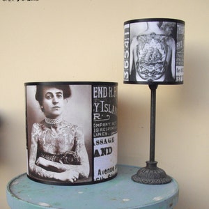 Vintage Tattoos hanging lamp shade lampshade victorian light, tattoo shop decor, drum lamp shade, pendant light, black and white, parlor image 5