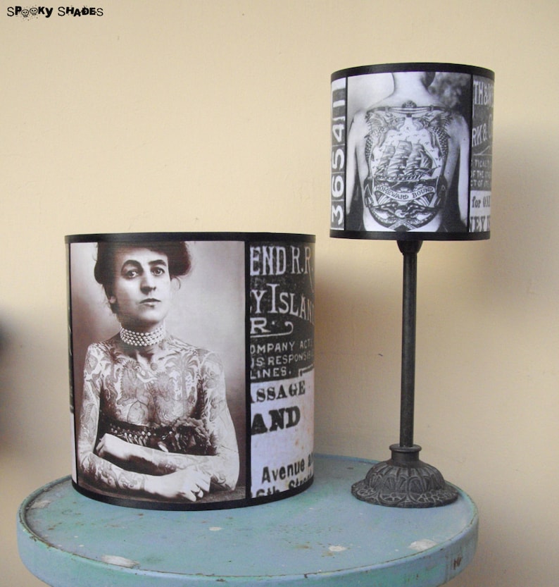 Vintage Tattoos hanging lamp shade lampshade victorian light, tattoo shop decor, drum lamp shade, pendant light, black and white, parlor image 5