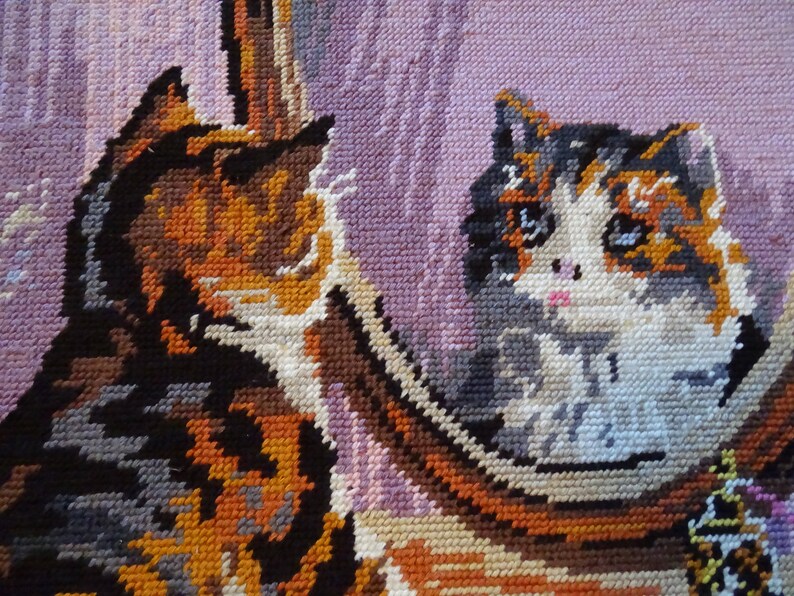 Vintage finished calico cat needlepoint kitten in a boudoir, pink and purple colors, pastel goth, flower bouquet, children's wall decor image 4