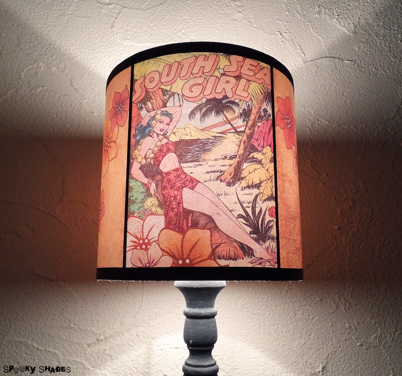 Hawaiian Pinup tiki Lamp Shade Lampshade pin up lighting, comic book, rockabilly, psychobilly, pin up decor, tropical decor, orange lamp image 1