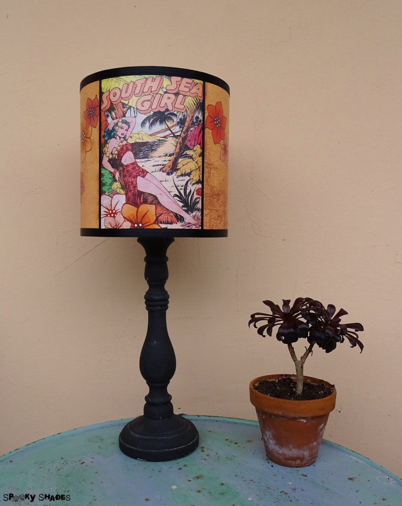 Hawaiian Pinup tiki Lamp Shade Lampshade pin up lighting, comic book, rockabilly, psychobilly, pin up decor, tropical decor, orange lamp image 4