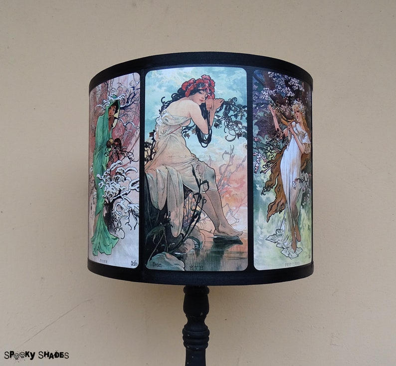 Art Nouveau lamp shade Lampshade drum lampshade, Alphonse Mucha, four seasons, illustrations, French décor, pastel colors, posters, women image 6