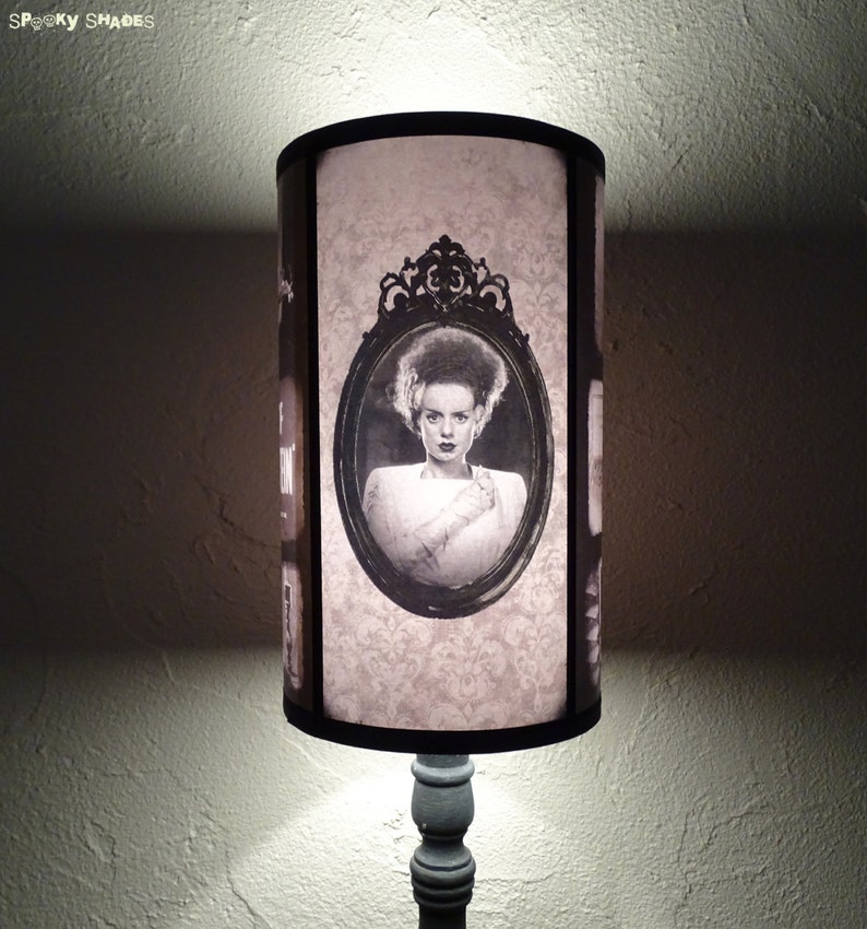 Bride Of Frankenstein Gothic lamp shade Lampshade unique lighting, Halloween decor, black and white, horror decor, goth decor,damask lamp image 1