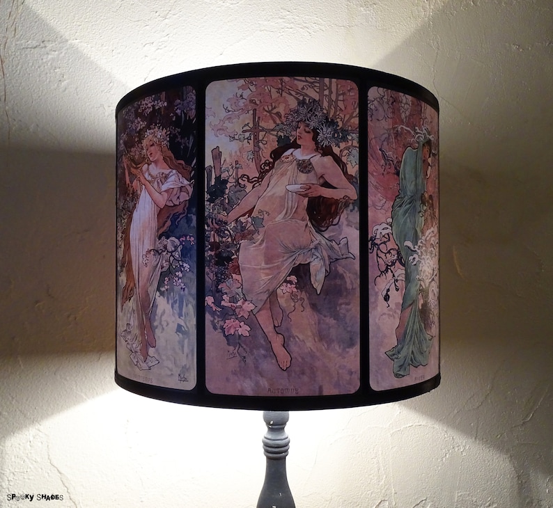 Art Nouveau lamp shade Lampshade drum lampshade, Alphonse Mucha, four seasons, illustrations, French décor, pastel colors, posters, women image 3