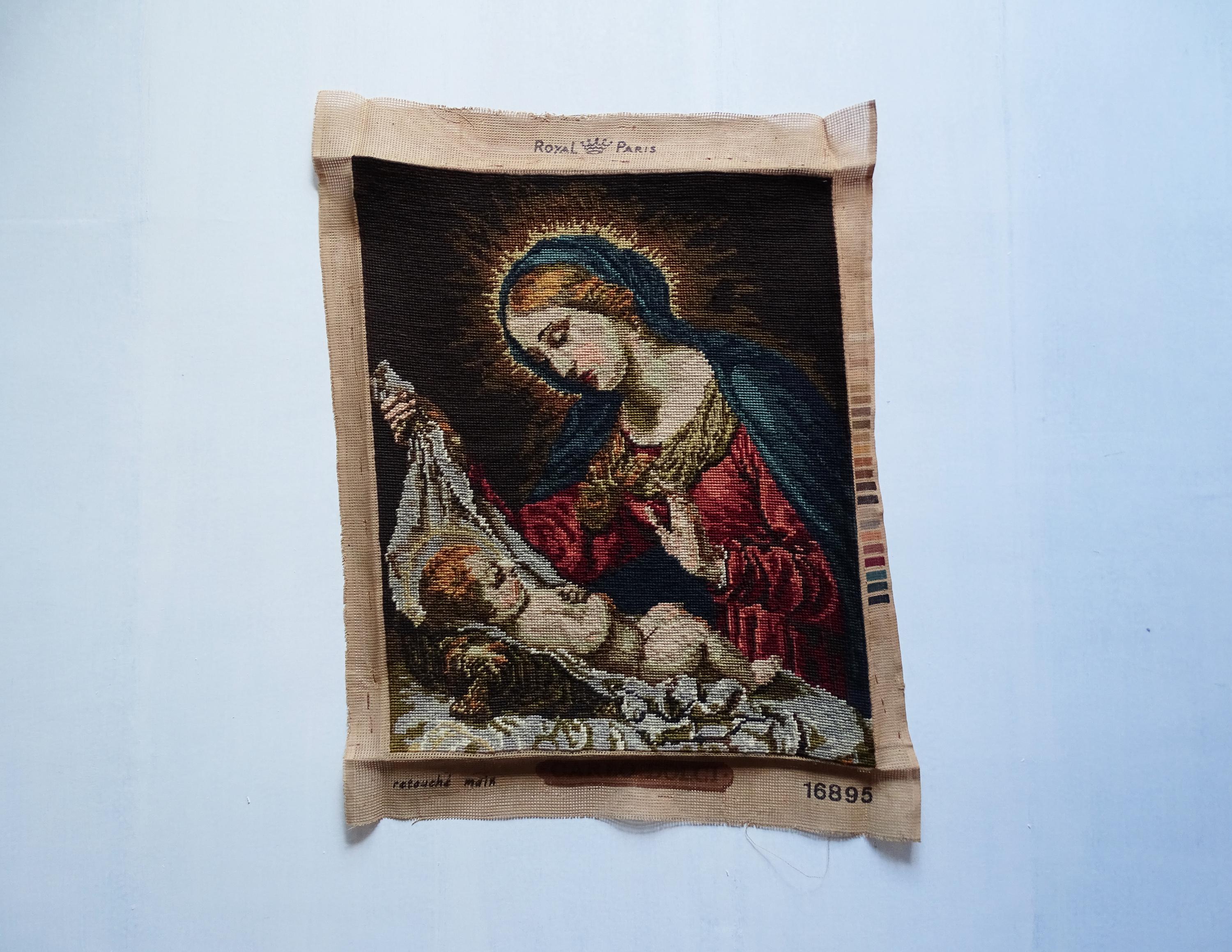 Vintage Virgin Mary and Baby Jesus Religious Needlepoint