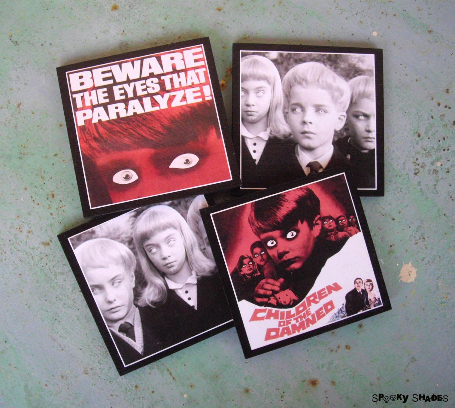 Lot de 4 Dessous Verre Children Of The Damned - Apéro, Halloween, Film d'horreur, Déco Vintage, Rock