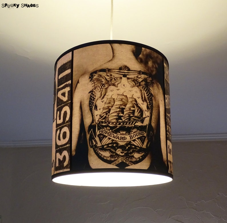 Vintage Tattoos hanging lamp shade lampshade victorian light, tattoo shop decor, drum lamp shade, pendant light, black and white, parlor image 3