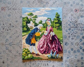 Canevas vintage représentant une scène romantique du 18e siècle - Marie Antoinette, déco décalée, kitsch, chateau, canvas DMC, déco bar