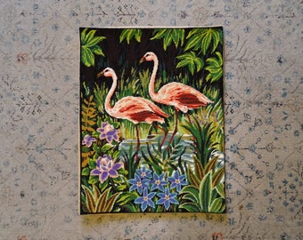 Vintage Pink Flamingos Needlepoint - Tropical Wall Décor, embroidered Tapestry, tropical flowers, jungle, made in France, Margot Paris