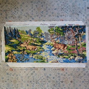 Gran tapiz vintage de familia de ciervos terminado en punto de cruz: decoración de bosques primaverales, tapiz de ciervo, tapiz para pared de cabaña, tapices vintage de kitch