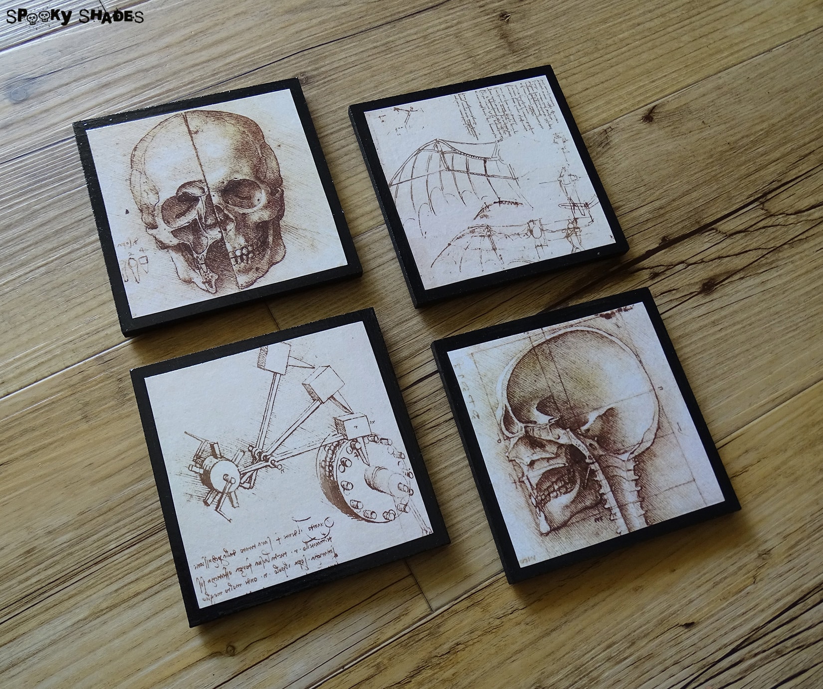 Lot de 4 Dessous Verre Tête Mort Leonard de Vinci - Gothique, Steampunk, Déco Halloween, Cadeau Pour