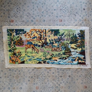 Tapiz de punto de cruz con ciervos vintage de gran tamaño: decoración de bosques, tapiz de ciervo, tapiz para pared de cabaña, tapices vintage de kitch