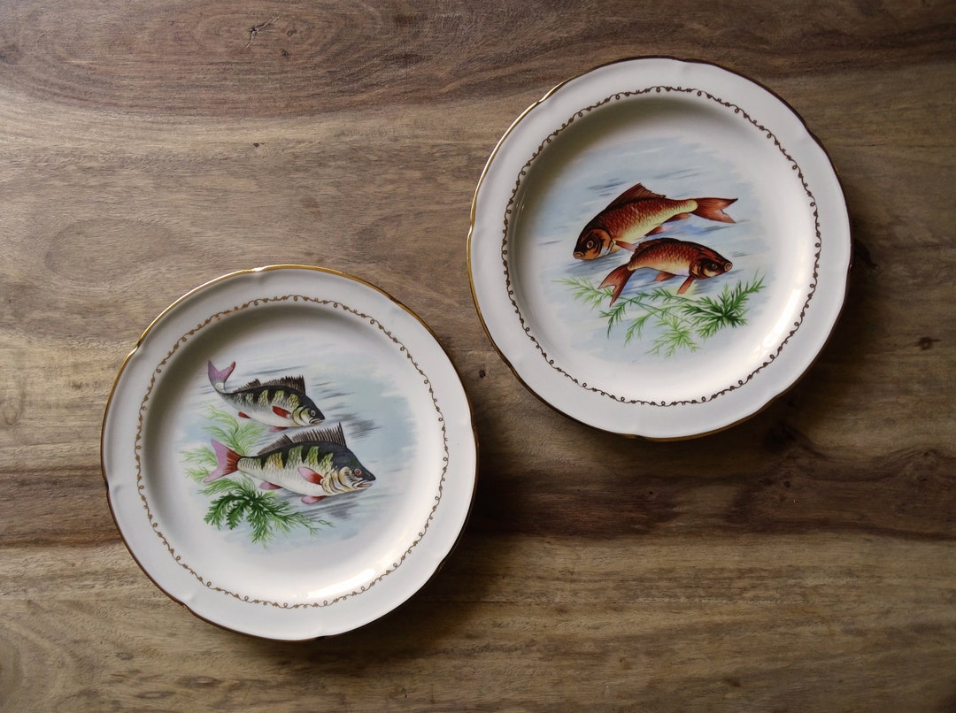 Set of Two Vintage Fish Plates French Porcelain Fun Plates Etsy