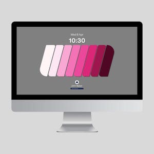 Puede incluir: Un ordenador iMac plateado muestra una pantalla gris con un degradado de rectángulos rosas y blancos. La hora 10:30 y la fecha se muestran en la parte superior. El nombre "John Baker" está en la parte inferior.