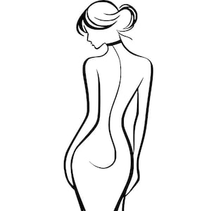 Könnte beinhalten: Schwarz-weiße Strichzeichnung einer Frau in einem langen Kleid, von hinten gesehen. Ihr Haar ist zu einem Dutt hochgesteckt, und sie trägt ein Halsband. Die Linien des Kleides fließen anmutig und erzeugen ein Gefühl von Bewegung und Eleganz.