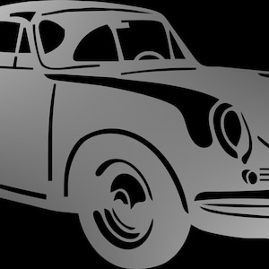 Puede incluir: Ilustración en escala de grises de un coche cupé clásico. El coche presenta faros redondeados, una línea de techo curvada y una carrocería aerodinámica. Las ruedas y otros detalles están claramente definidos sobre un fondo negro.