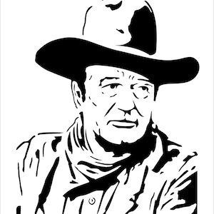 Puede incluir: Ilustración en blanco y negro de un hombre con sombrero de vaquero. La imagen es un retrato estilizado, con líneas audaces que definen el sombrero, la cara y la ropa. La expresión del hombre es seria, y el estilo recuerda a una plantilla o xilografía.