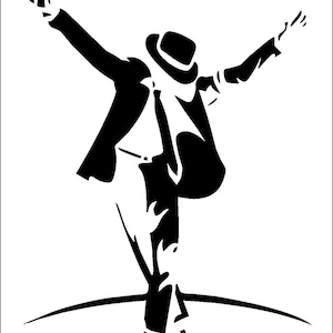 Könnte beinhalten: Schwarz-weiße Silhouette einer Person in Anzug und Hut, die Arme in einer Tanzpose ausgestreckt. Die Figur ist in Bewegung dargestellt, mit einem Bein ausgestreckt und dem anderen angewinkelt, vor weißem Hintergrund.