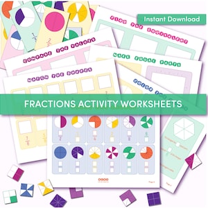 Puede incluir: Un conjunto de hojas de trabajo de actividades de fracciones imprimibles para niños. Las hojas de trabajo presentan círculos coloridos divididos en diferentes fracciones, con actividades como hacer coincidir formas, comparar valores y encontrar fracciones equivalentes. Las hojas de trabajo están diseñadas para ayudar a los niños a aprender sobre fracciones de una manera divertida y atractiva.