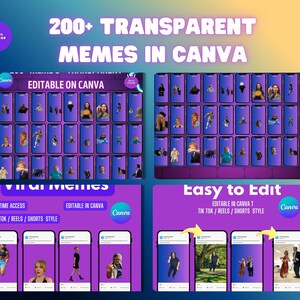 May include: Digital graphic promoting "200+ TRANSPARENT MEMES IN CANVA." The image displays meme examples, with text including "EDITABLE ON CANVA" and "TIK TOK / REELS / SHORTS STYLE." The design is set against a gradient background.