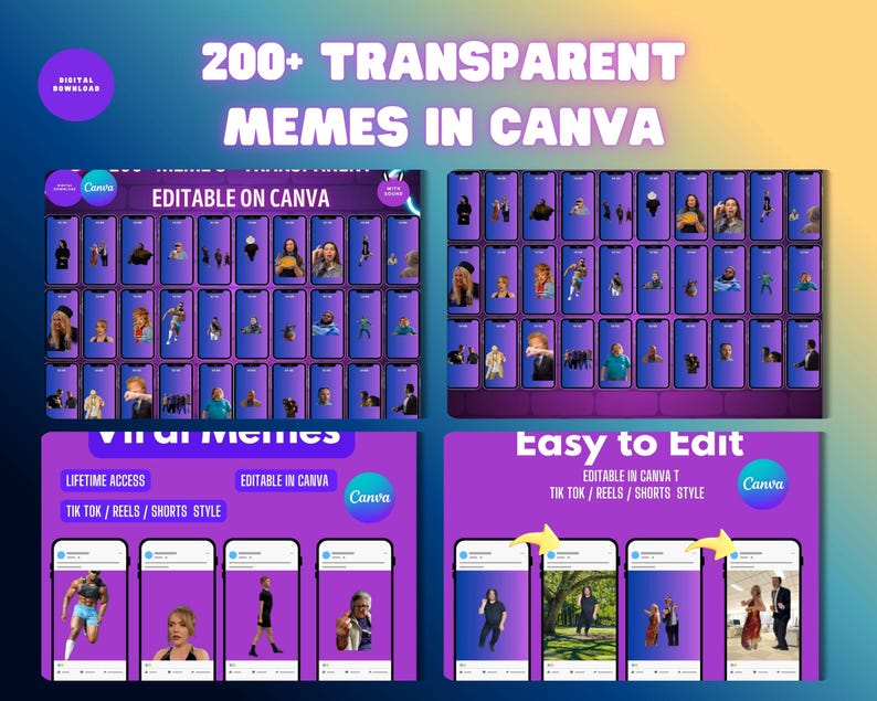 May include: Digital graphic promoting "200+ TRANSPARENT MEMES IN CANVA." The image displays meme examples, with text including "EDITABLE ON CANVA" and "TIK TOK / REELS / SHORTS STYLE." The design is set against a gradient background.