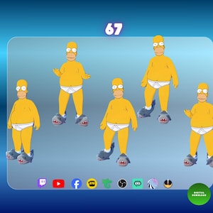 May include: Digital artwork featuring five yellow cartoon characters wearing white underwear and shark-shaped slippers. The number 67 is at the top. Social media icons are at the bottom, with a digital download badge.