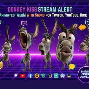 Puede incluir: Un gráfico digital de alerta de transmisión Donkey Kiss con cinco personajes de burro animados en varias poses sobre un fondo de cuadrícula púrpura. El texto incluye DONKEY KISS STREAM ALERT, ANIMATED .WEBM WITH SOUND FOR TWITCH, YOUTUBE, KICK, FREE BONUS ALERTS e INSTANT DIGITAL DOWNLOAD.