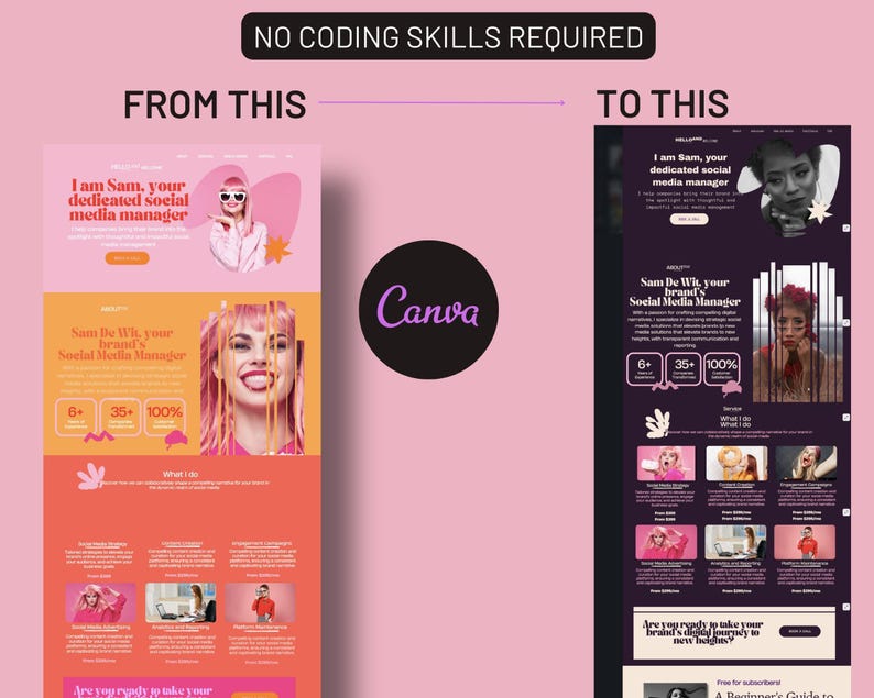 K&ouml;nnte beinhalten: Ein Vorher-Nachher-Bild, das zeigt, wie man Canva verwendet, um eine Website zu erstellen. Das Vorher-Bild zeigt eine Website mit rosa Hintergrund und einem Cartoon-Bild einer Frau. Das Nachher-Bild zeigt eine Website mit dunklem Hintergrund und einem professionelleren Design. Der Text auf dem Bild lautet "Keine Programmierkenntnisse erforderlich. Von diesem zu diesem."