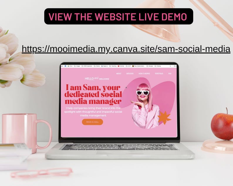 K&ouml;nnte beinhalten: Ein Laptop-Computer, auf dem eine Website mit rosa Hintergrund und dem Text "Ich bin Sam, Ihr engagierter Social-Media-Manager" angezeigt wird. Die Website zeigt auch ein Foto einer Frau mit Sonnenbrille und einem rosa Shirt.