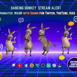 May include: An animated digital stream alert featuring four grey donkeys dancing against a purple grid background. Text reads: DANCING DONKEY STREAM ALERT ANIMATED .WEBM WITH SOUND FOR TWITCH, YOUTUBE, KICK. Includes speech bubbles, sound icons, and social media logos.