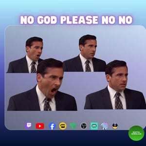 May include: A digital download featuring a meme with four images of a man in a suit, with the text "NO GOD PLEASE NO NO" at the top. Social media icons are at the bottom, with a digital download badge.