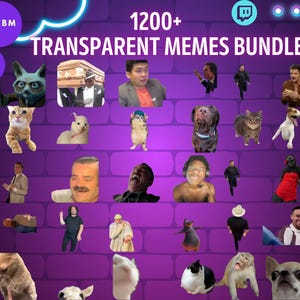Puede incluir: Un gráfico de descarga digital con una colección de más de 1200 memes transparentes. Los memes incluyen varias imágenes de animales y personas, sobre un fondo de pared de ladrillos morados. El texto "TRANSPARENT MEMES BUNDLE" se muestra en la parte superior.