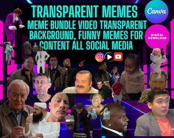 May include: A digital download of transparent meme images for social media. The images feature a variety of funny faces and expressions. The text on the image reads "Transparent Memes Meme Bundle Video Transparent Background, Funny Memes for Content All Social Media".