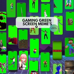 Könnte beinhalten: Eine digitale Download-Grafik mit Green-Screen-Memes, die auf Smartphone-Bildschirmen angezeigt werden. Das Bild enthält verschiedene Charaktere und den Text "GAMING GREEN SCREEN MEME'S" und "DIGITAL DOWNLOAD".