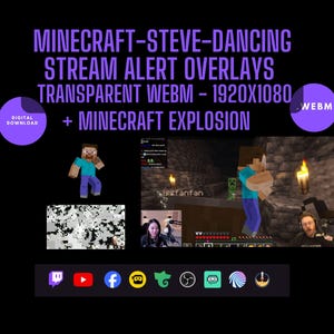 Minecraft Steve Dancing Stream Alert + TNT Explosion | Transparent WEBM Overlay for OBS, Twitch Redeems & Channel Points | 1920x1080