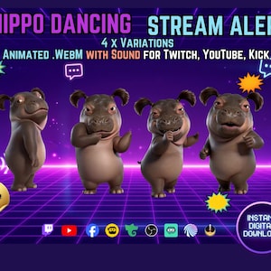 May include: Four animated hippos in different dancing poses against a purple grid background. Text reads: HIPPO DANCING STREAM ALERT, 4 X VARIATIONS, ANIMATED .WEBM WITH SOUND FOR TWITCH, YOUTUBE, KICK, FREE BONUS! ALERTS, and INSTANT DIGITAL DOWNLOAD.