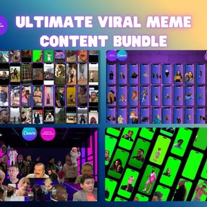 Puede incluir: Gráfico digital con el texto "ULTIMATE VIRAL MEME CONTENT BUNDLE". La imagen muestra múltiples pantallas de teléfonos inteligentes que muestran varios memes. El fondo tiene un degradado de azul, morado y amarillo.