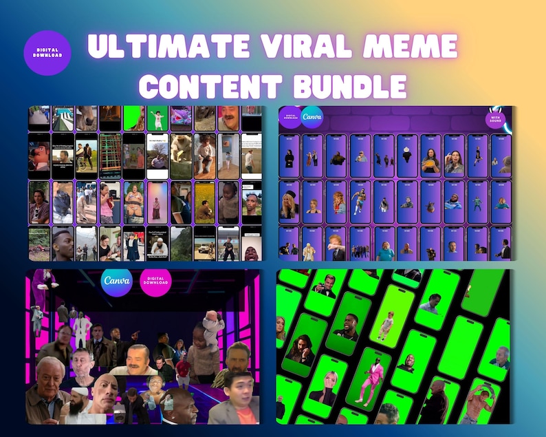May include: Digital graphic with the text "ULTIMATE VIRAL MEME CONTENT BUNDLE." The image displays multiple smartphone screens, each showing a different meme. The background has a gradient of blue, purple, and yellow.