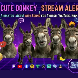 Puede incluir: Un gráfico digital con cinco burros marrones con diversas expresiones faciales sobre un fondo de cuadrícula morado. El texto dice CUTE DONKEY STREAM ALERT, ANIMATED .WEBM WITH SOUND FOR TWITCH, YOUTUBE, KICK, FREE BONUS! ALERTS e INSTANT DIGITAL DOWNLOAD.