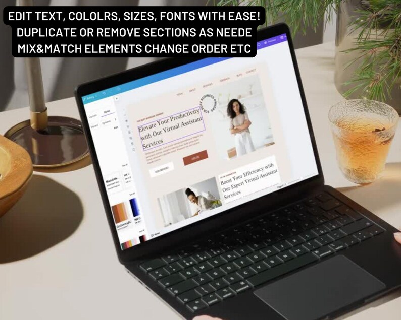 K&ouml;nnte beinhalten: Ein Laptop-Computer, auf dem ein Website-Design-Mockup mit dem Text "Elevate Your Productivity with Our Virtual Assistant Services" und "Boost Your Efficiency with Our Expert Virtual Assistant Services" angezeigt wird. Der Laptop ist ge&ouml;ffnet und die Tastatur ist sichtbar. Der Laptop steht auf einem Holztisch mit einem Glas Tee.