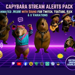 May include: A digital pack of six animated capybara stream alerts for Twitch, YouTube, and Kick. The graphics feature capybaras playing guitar, singing, and wearing various outfits like a mariachi suit and athletic gear against a purple grid background.