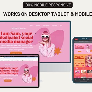 K&ouml;nnte beinhalten: Ein Screenshot einer Website, die ein pinkfarbenes und wei&szlig;es Website-Design mit dem Text "Ich bin Sam, dein engagierter Social-Media-Manager" zeigt. Die Website ist mobil responsiv und funktioniert auf Desktop, Tablet und Mobilger&auml;ten.