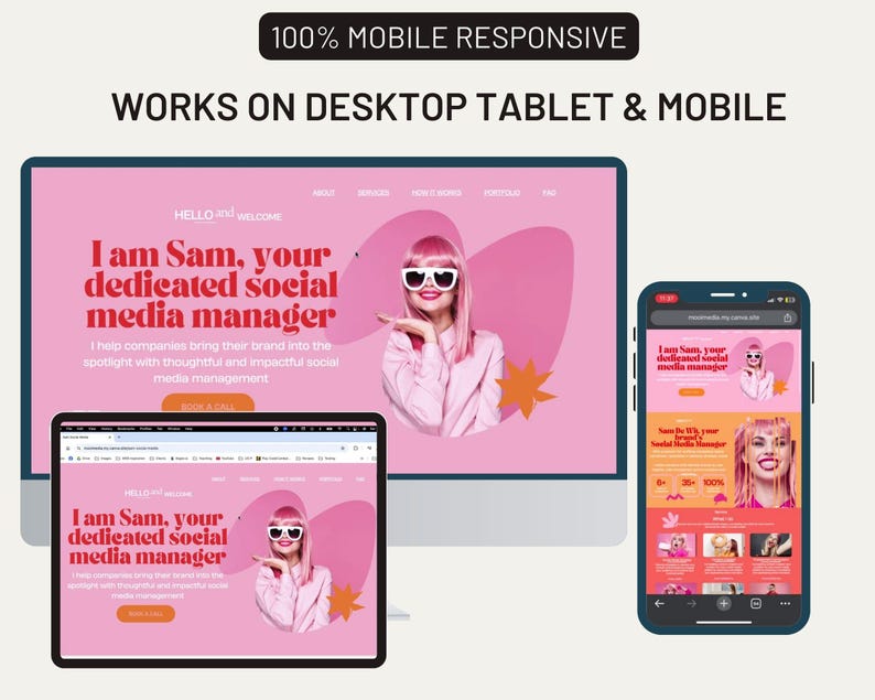 K&ouml;nnte beinhalten: Ein Screenshot einer Website, die ein pinkfarbenes und wei&szlig;es Website-Design mit dem Text "Ich bin Sam, dein engagierter Social-Media-Manager" zeigt. Die Website ist mobil responsiv und funktioniert auf Desktop, Tablet und Mobilger&auml;ten.