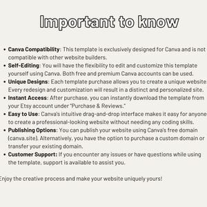 K&ouml;nnte beinhalten: Eine rosa und wei&szlig;e Grafik mit dem Text "Wichtig zu wissen" in Schwarz. Die Grafik listet mehrere Punkte mit Aufz&auml;hlungszeichen zu Canva-Kompatibilit&auml;t, Selbstbearbeitung, einzigartigen Designs, sofortigem Zugriff, Benutzerfreundlichkeit, Ver&ouml;ffentlichungsoptionen und Kundensupport auf.