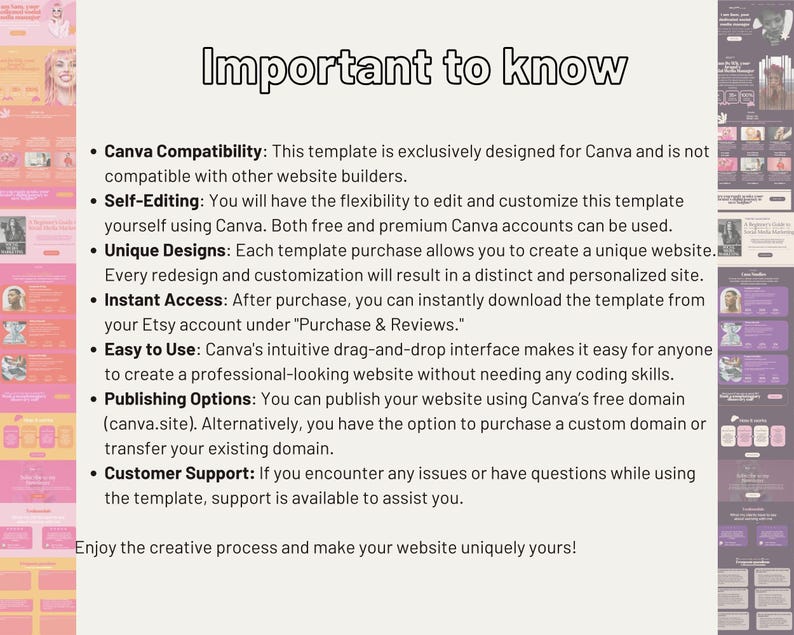 K&ouml;nnte beinhalten: Eine rosa und wei&szlig;e Grafik mit dem Text "Wichtig zu wissen" in Schwarz. Die Grafik listet mehrere Punkte mit Aufz&auml;hlungszeichen zu Canva-Kompatibilit&auml;t, Selbstbearbeitung, einzigartigen Designs, sofortigem Zugriff, Benutzerfreundlichkeit, Ver&ouml;ffentlichungsoptionen und Kundensupport auf.