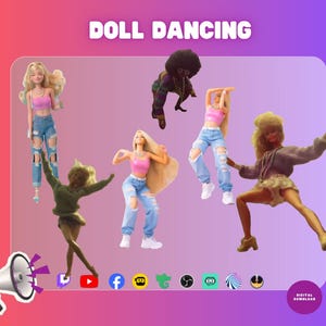 May include: A digital graphic featuring the text DOLL DANCING at the top, displaying six dolls in various poses. The dolls wear pink tops, blue distressed jeans, or casual clothing. A megaphone icon is in the bottom left, and social media icons are below.