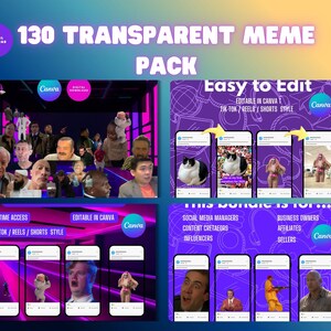 May include: A digital download graphic pack with the text "130 TRANSPARENT MEME PACK". The image features meme templates, including images of people and animals, designed for use on social media platforms like TikTok and Reels.