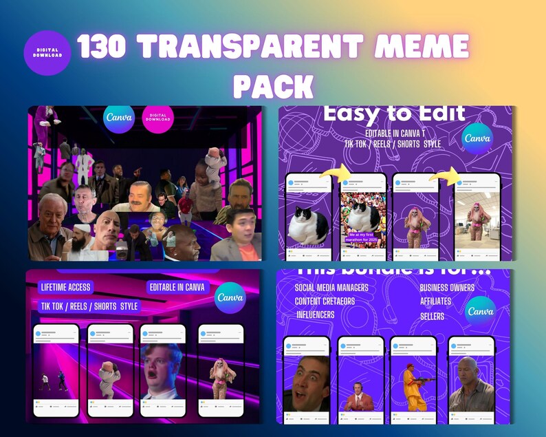 May include: A digital download graphic pack with the text "130 TRANSPARENT MEME PACK". The image features meme templates, including images of people and animals, designed for use on social media platforms like TikTok and Reels.